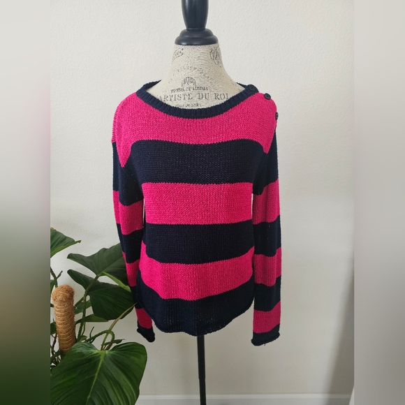 Ralph Lauren Sweater Pink and Navy Blue Striped M - Picture 1 of 5